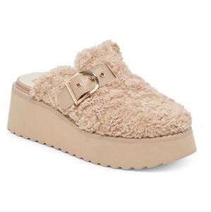 Dolce Vita Beige Faux-Shearling Platform Mules with Gold Buckle